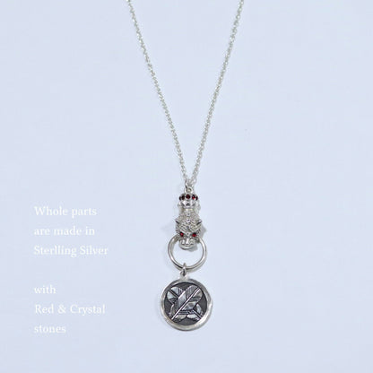 Kamon Jaguar Necklace - Crossing Hawk Feathers in a circle