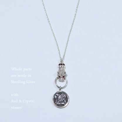 Kamon Jaguar Necklace - Crossing Hawk Feathers in a circle