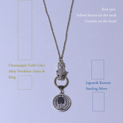 Kamon Jaguar Necklace - Crossing Hawk Feathers in a circle