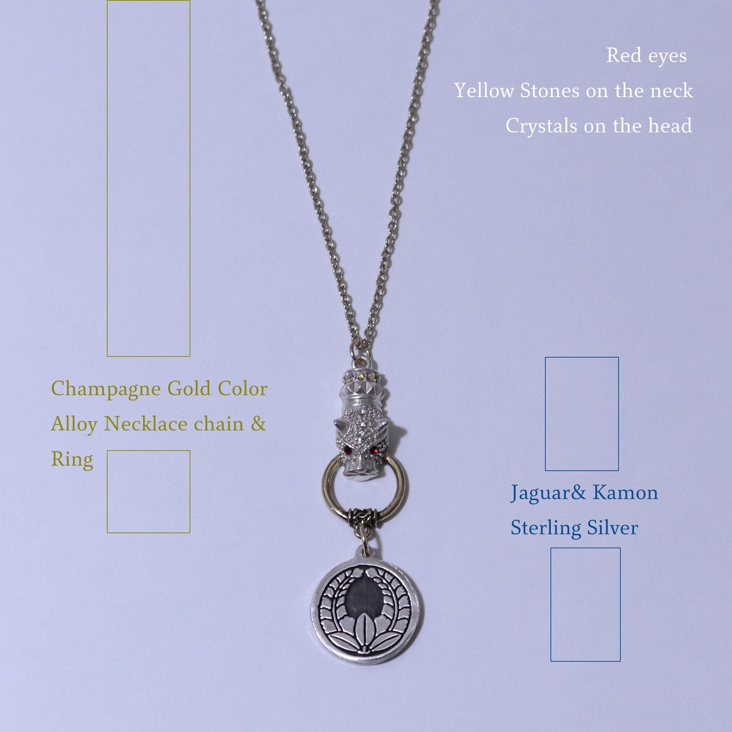 Kamon Jaguar Necklace - Crossing Hawk Feathers in a circle