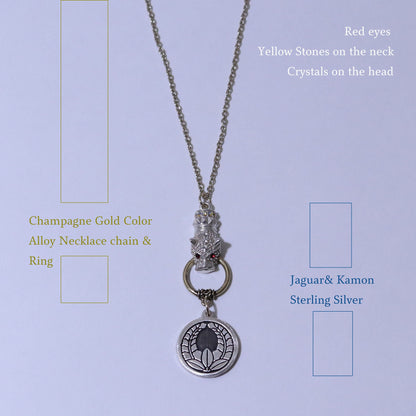 Kamon Jaguar Necklace - Crossing Hawk Feathers in a circle