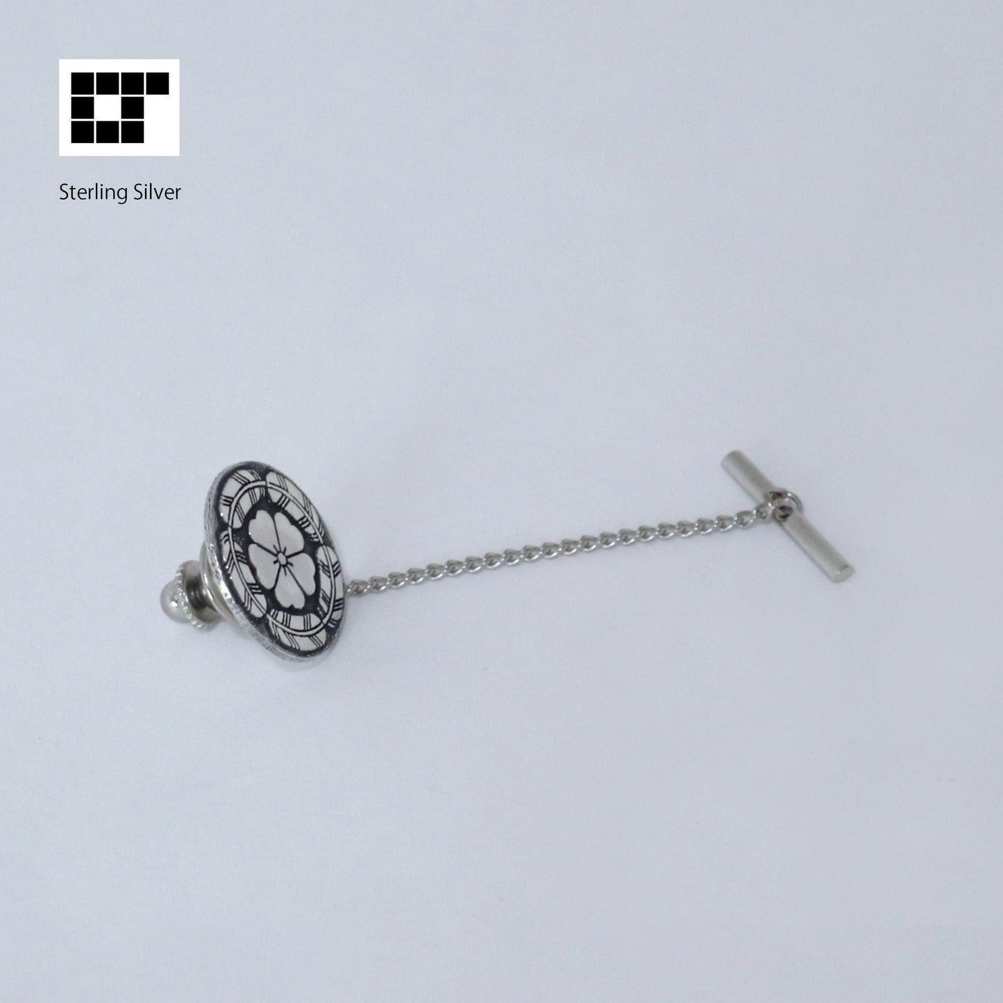 Cherry Blossom in Five Hawk Feather circle - Silver Tie Tack / Lapel Pin - Japanese Kamon