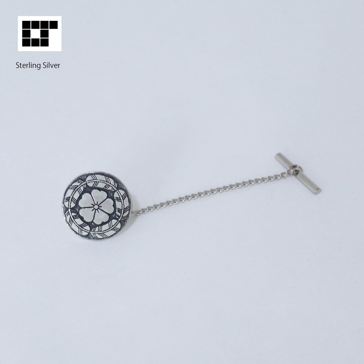 Cherry Blossom in Five Hawk Feather circle - Silver Tie Tack / Lapel Pin - Japanese Kamon