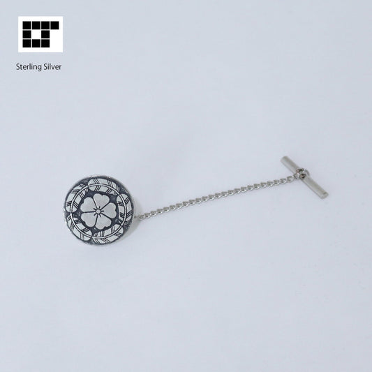 Cherry Blossom in Five Hawk Feather circle - Silver Tie Tack / Lapel Pin - Japanese Kamon