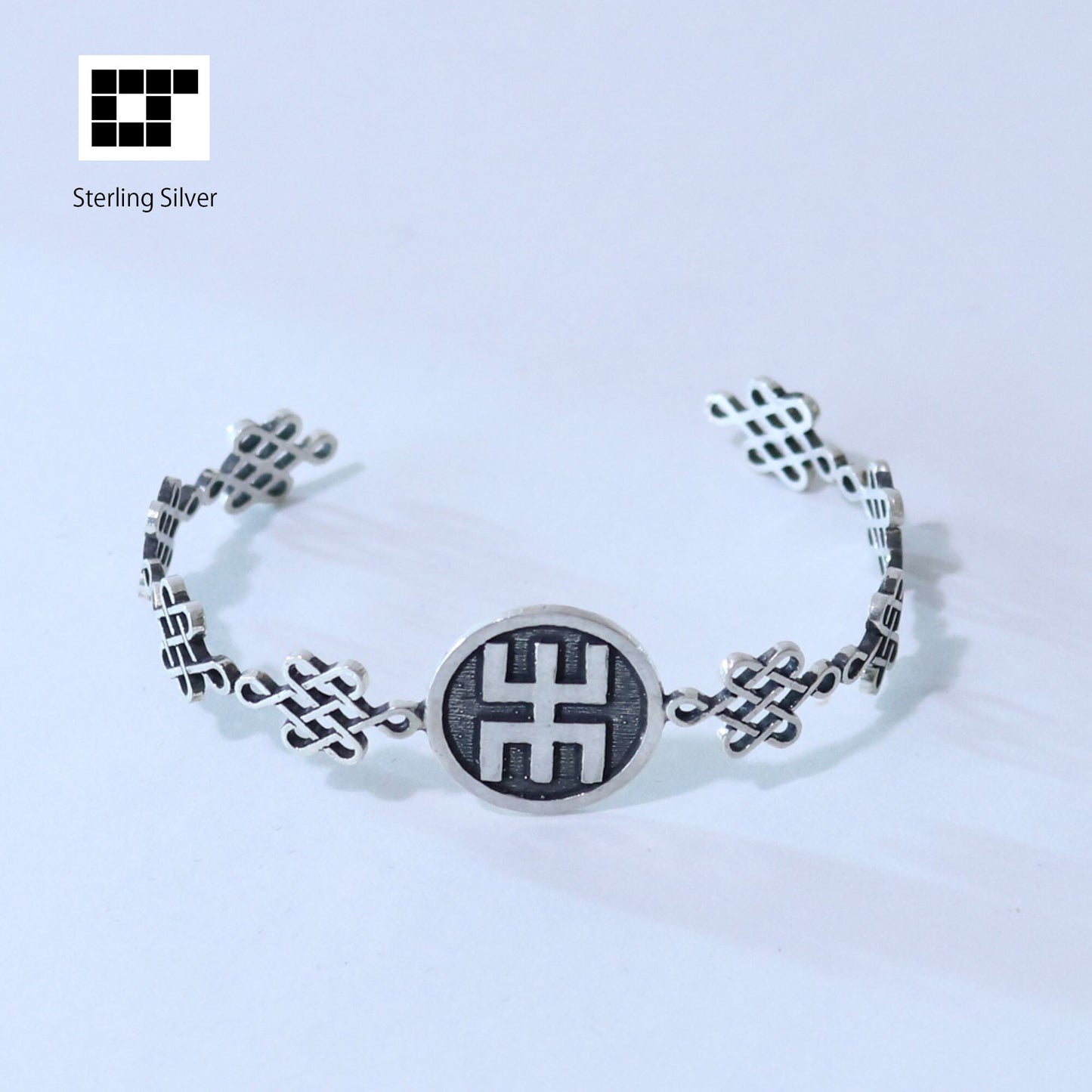 Bangle / Kanji wood square font in a circle / Kamon / Japanese Mon / Sterling Silver