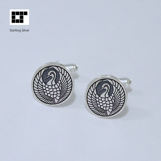 Crane in a circle - Japanese Kamon - Silver Cufflinks