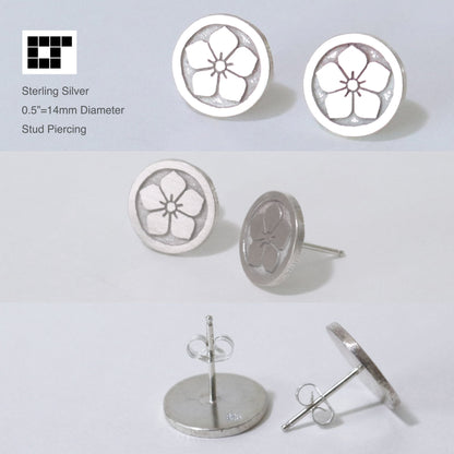 Crane in a circle - Tsuru Maru - Kamon Earrings - Silver Crest